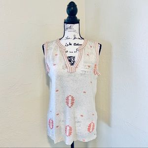 LUCKY BRAND EMBROIDERED NECK TIE TANK AZTEC DESIGN